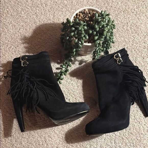 Sam Edelman Black Heeled Fringe Boots with gold trim - Picture 1 of 13